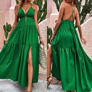 Boho green crisscross open back maxi dress
